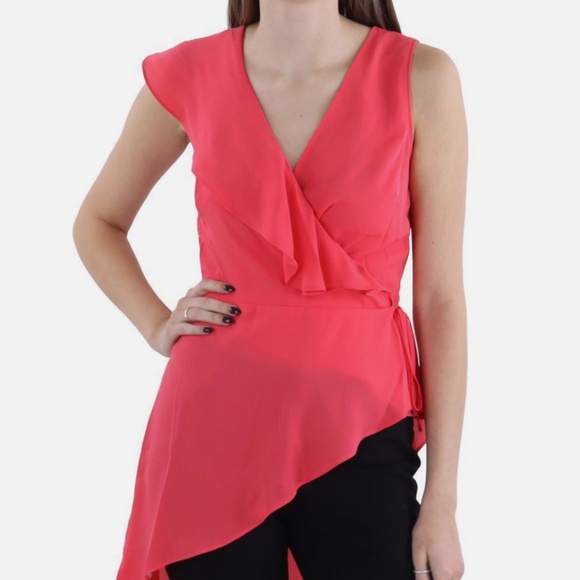 BCBGMAXAZRIA Womens Pink Ruffled Asymmetric V Neck Wrap Top Blouse NWT - Picture 1 of 5